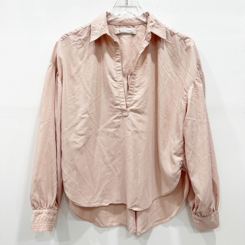 We The Free Balloon Sleeve Blush Pink Blouse Loose Fit Oversized V-Neck